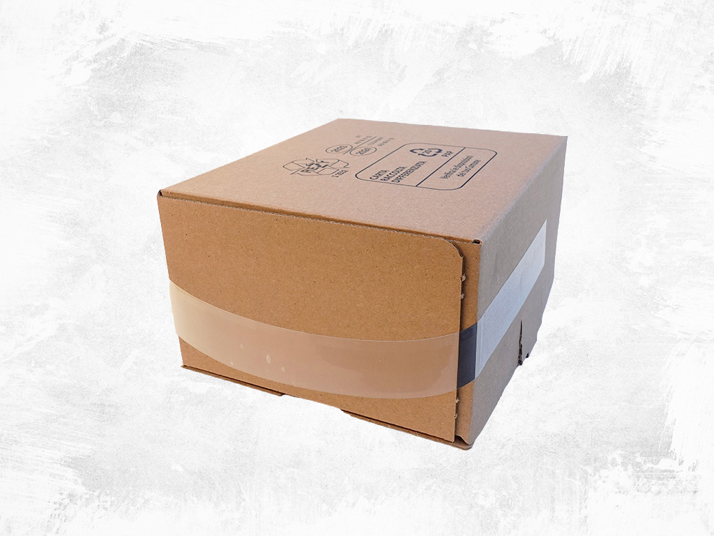 Cardboard box with transparent adhesive handle for transport